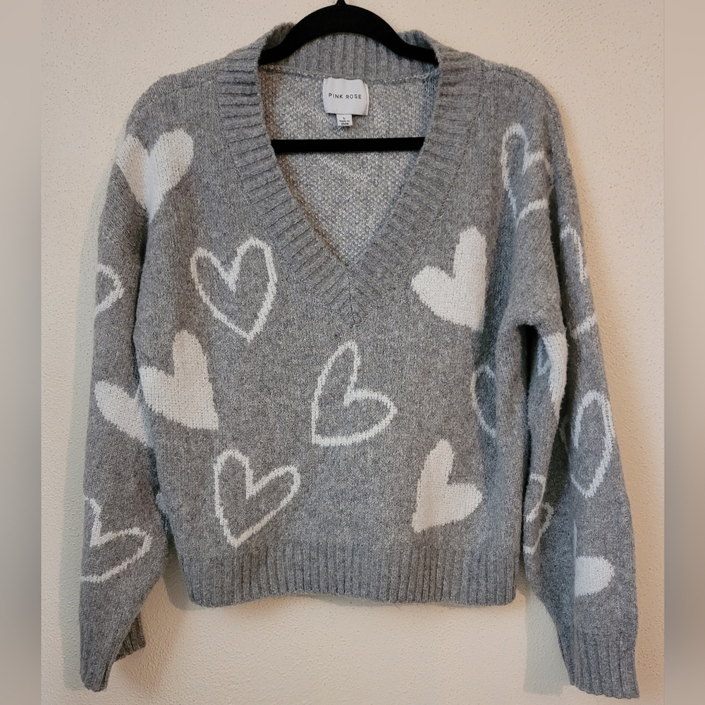 Pink Rose heart v neck sweater